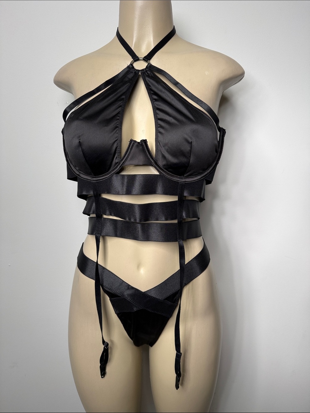 Strappy Black Satin Cut-Out Bra & Garter Set